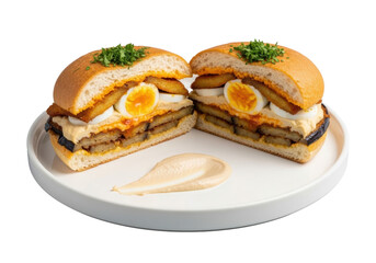 A sliced sabich sandwich with eggplant, hummus, egg, amba, parsley, tahini on white plate, transparent studio background, high-angle, appetizing food concept.