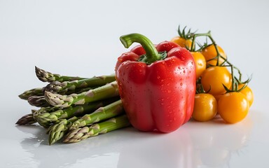Fresh red bell pepper asparagus and tomatoes artfully arranged healthy eating ingredients