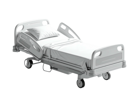 A modern, adjustable hospital bed with a white pillow and clean sheets