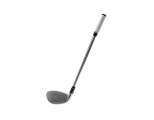 Isolated golf club, angled, metallic head, grey grip, against a black background