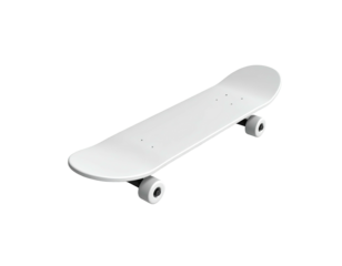 A minimalist, pristine white skateboard angled against a stark, black backdrop