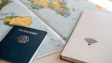 passport for digital nomads Travel essentials including a passport, map, and Wi-Fi device for modern explorers.