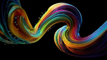 A vibrant, twisting ribbon of blended colors against a stark black background. 3D rendering. Dynamic & flowing