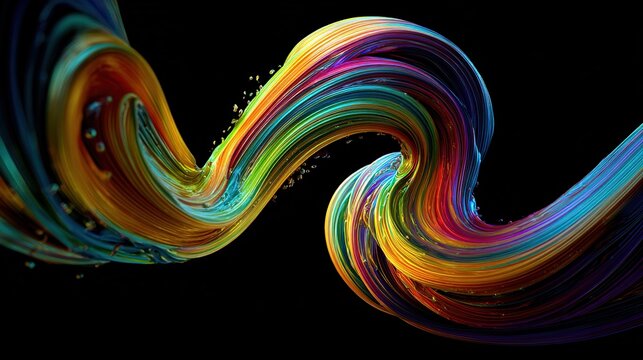 A vibrant, twisting ribbon of blended colors against a stark black background. 3D rendering. Dynamic & flowing - Powered by Adobe