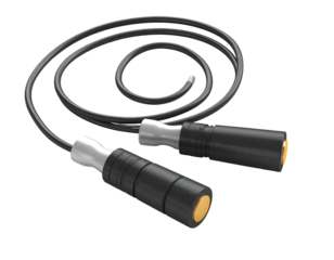 Black and silver jump rope, handles with yellow accents, on dark background