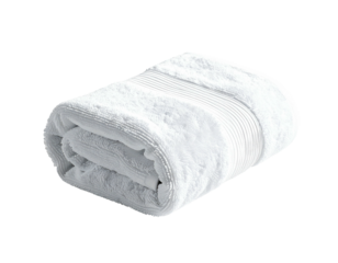 Rolled-up, fluffy white bath towel with a ribbed edge