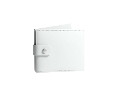Pristine white leather wallet with a snap closure, partially open, on black