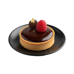 Miniature chocolate ganache tart with glossy ganache, gold leaf, and red raspberry on matte black plate, isolated on gray, gourmet dessert concept