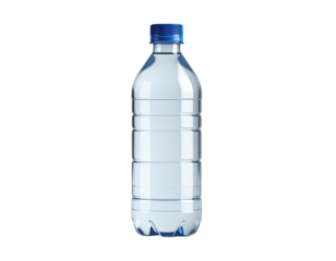 Clear plastic bottle with blue cap, filled with water, set against a black backdrop