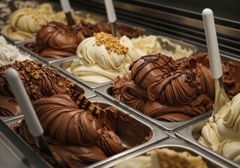 Delicious assortment of artisanal Italian gelato flavors in a display case.