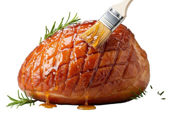 Golden roasted ham, glistening with amber honey glaze applied by a pastry brush, garnished with rosemary and sea salt on gray, concept of culinary excellence