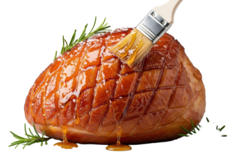 Golden roasted ham, glistening with amber honey glaze applied by a pastry brush, garnished with rosemary and sea salt on gray, concept of culinary excellence