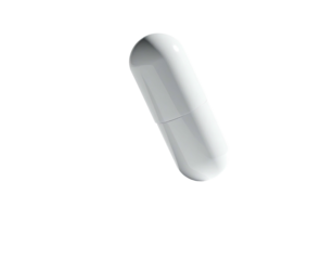 A single, white capsule floating against a stark black background