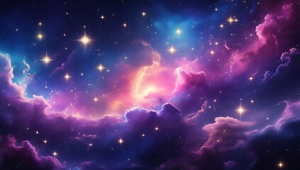 Celestial nebula and starry sky illustrative background with colorful clouds and sparkling stars