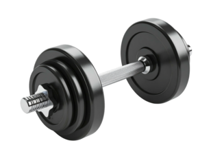 A close-up shot of a chrome dumbbell with black weight plates on a black background