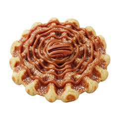 Perfectly golden-brown belgian waffle with glossy caramel swirl, single pecan half, powdered sugar on transparent background, bright studio light, gourmet dessert concept