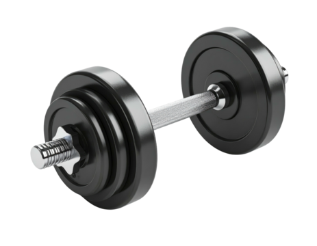 A close-up shot of a chrome dumbbell with black weight plates on a black background - Powered by Adobe