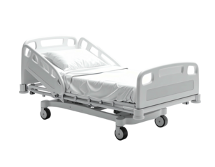 A white, adjustable hospital bed with a pillow and clean, crisp linens
