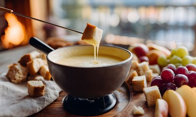 Cozy alpine chalet at sunset. On a hefty wooden table sits a matte cast-iron fondue pot on a small burner stand.