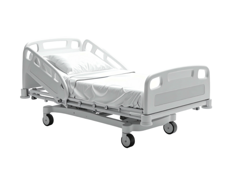 A white, adjustable hospital bed with a pillow and clean, crisp linens