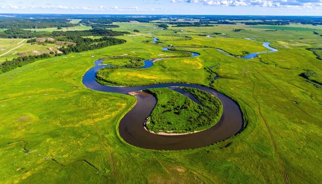 Aerial view of a meandering river flowing through a verdant landscape