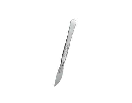 A surgical scalpel isolated on a black background, angled to the right