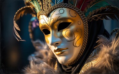 Richly detailed venetian masquerade mask with feathers exudes mystery and glamour