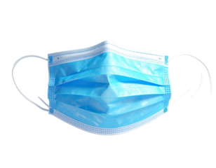 Front view of a blue, disposable surgical face covering with ear loops