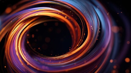 A swirling, glowing vortex of orange and blue-purple light against a dark background, with scattered particles
