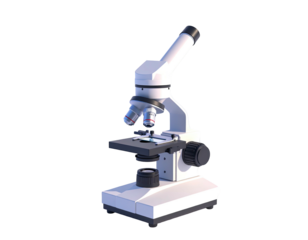 A white microscope with multiple lenses and knobs, isolated on a black background