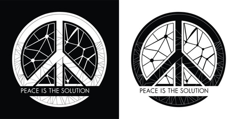 Peace is the solution text with peace symbol graphic, black and white design