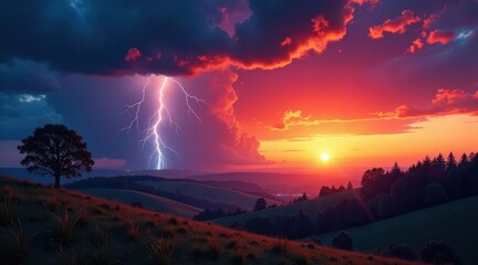 A Dramatic Sunset Landscape Featuring a Lone Tree Silhouetted Against a Vivid Sky, with a Brilliant Lightning Bolt Striking in the Distance