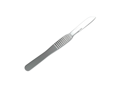 Metallic surgical instrument, angled blade, sharp tip, against a black background - Powered by Adobe