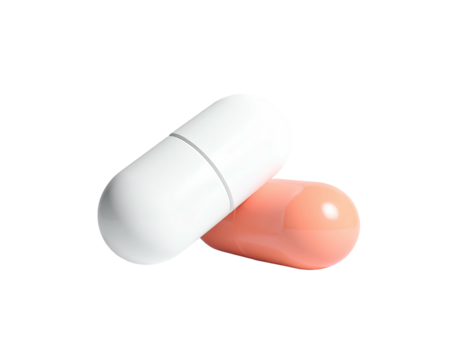 Two capsule pills, one white and one peach-colored, set against a black backdrop