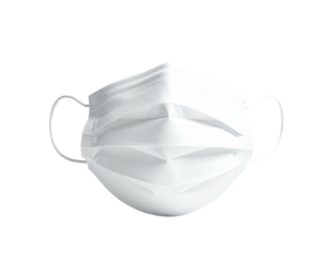 A close-up of a white disposable face covering with ear loops