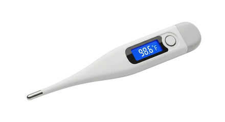 White digital medical thermometer showing a temperature reading isolated on transparent background