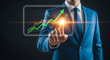Businessman interacting with glowing digital stock market graph showing upward trend and financial growth