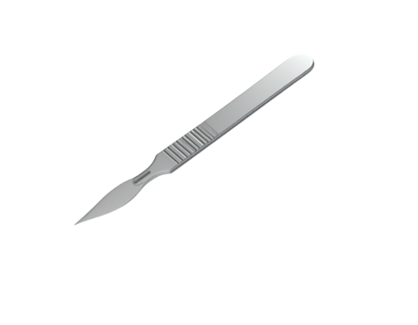 A scalpel illustration on a black background, with a detailed silver blade and handle