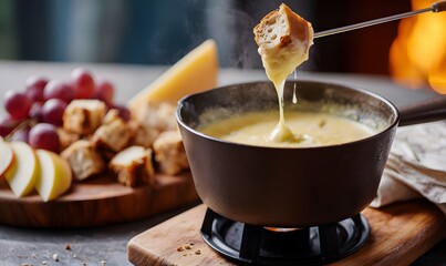 Cozy alpine chalet at sunset. On a hefty wooden table sits a matte cast-iron fondue pot on a small burner stand.