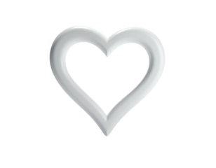 A glossy, silver heart shape floats on a black background