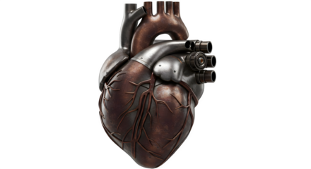 Bronze metal heart shows mechanical details against black, offers industrial textures for healthcare visuals, concept designs, presentations.