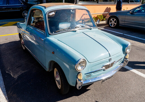 Old Italian tiny car, Autobianchi Bianchina Trasformabile on exhibition during a vintage car rally in Varallo Sesia, Italy, September 29, 2025