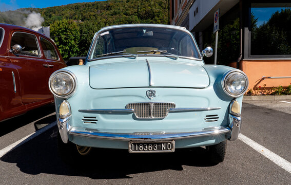 Old Italian tiny car, Autobianchi Bianchina Trasformabile on exhibition during a vintage car rally in Varallo Sesia, Italy, September 29, 2025