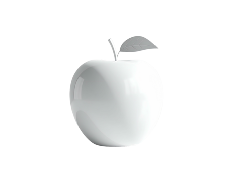 Glossy white apple with silver stem and leaf on a dark background
