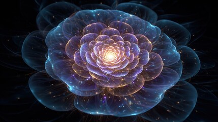 A digital rendering showcasing a luminescent, multi-layered flower with iridescent petals and a glowing center