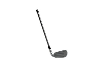 A single golf iron club on a black background, angled slightly
