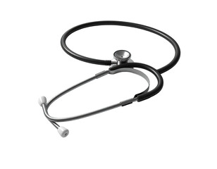 A silver and black medical stethoscope on a black background, top-down view