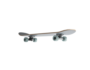 A modern skateboard with grey deck, wheels, and metal trucks sits isolated on black