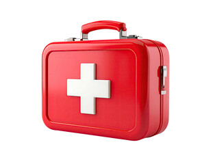 Obraz premium A glossy red medical kit with a white cross, isolated on a black background