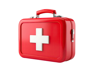 A glossy red medical kit with a white cross, isolated on a black background